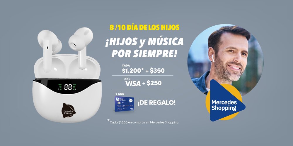 En este Día de los Hijos, 🎁 ¡regalá buena música!

➡️ Cada $1200 en compras en #MercedesShopping + $350 te llevás un 1 kit de auriculares inalámbricos.
➡️ Con VISA cada $1200 + $250.
➡️ Con VISA BROU Mercedes Shopping ¡va de REGALO!

ℹ mercedesshopping.com.uy