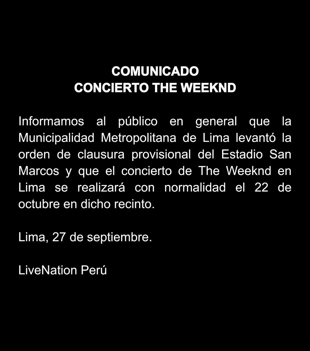 Artes_Peru's tweet photo. The Weeknd en Lima se dará este 22 de octubre en el estadio San Marcos 📍 https://t.co/lsqgGO54le