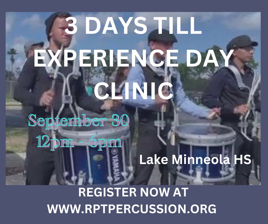 Experience Day is this coming Saturday. Come meet the staff, play some beats and notes, and more. Free!!
Register now
rptpercussion.org 
<a href="/ffcc1985/">FFCC</a> #wgi2024 #wgipercussion #yamahamusicusa #daddariopercussion #promarkdrumsticks #evansdrumheads #sabiancymbals #styleplus_band