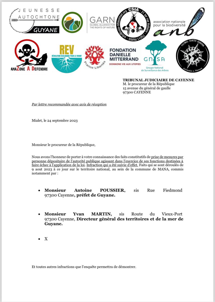 Avec @JAGuyane @garnglobal @csia_nitassinan @REVPourLeVivant @Francelibertes @GNSA_arbres 
L’ANB vient de déposer une plainte contre @Prefet973 et le DGTM pour avoir pris des mesures destinées à faire échec à l’application de la loi.
Dans le dossier CEOG l’Etat laisse faire des