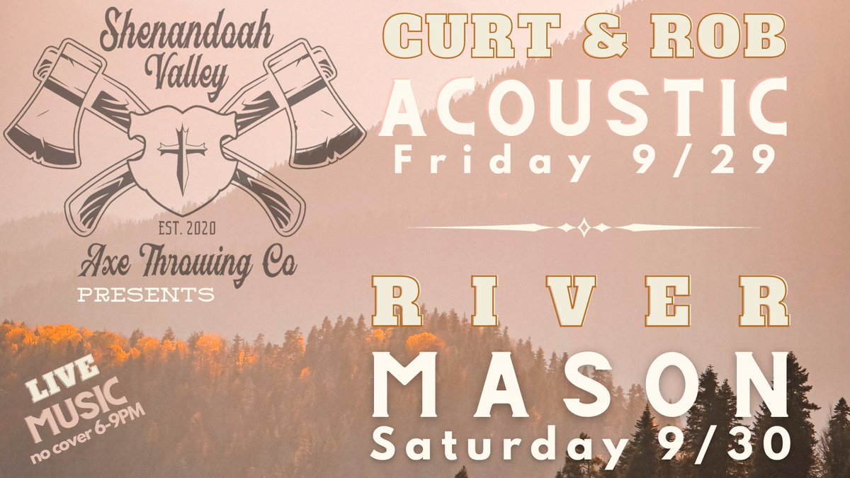 SVAXECO's tweet photo. Coming up this weekend we have a few favorites returning to SVAXECO. Proud to support our local musicians!
#livemusic #livemusicvirginia #livemusicfrontroyal #discoverfrontroyal #axethrowing #shenandoahaxethrowingco #SVAXECO #rivermason #curtandrobacoustic https://t.co/6x0kf0apTk