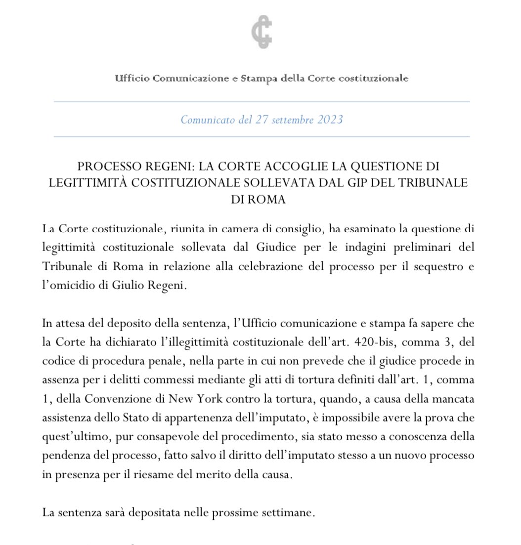 CorteCost's tweet photo. Processo Regeni: la Corte accoglie la questione di legittimità costituzionale sollevata dal Gip del Tribunale di Roma.

https://t.co/w1o8GsIGvf

#Cortecostituzionale #Comunicato https://t.co/wfyQsE6XPs