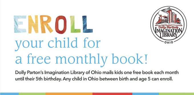 cityofbarberton's tweet photo. Dolly Parton's Imagination Library of Ohio mails kids one free book each month until their 5th birthday. Any child in Ohio between birth and age 5 can enroll. Enroll at https://t.co/otR32Ytx4v https://t.co/4Gikp8AphJ