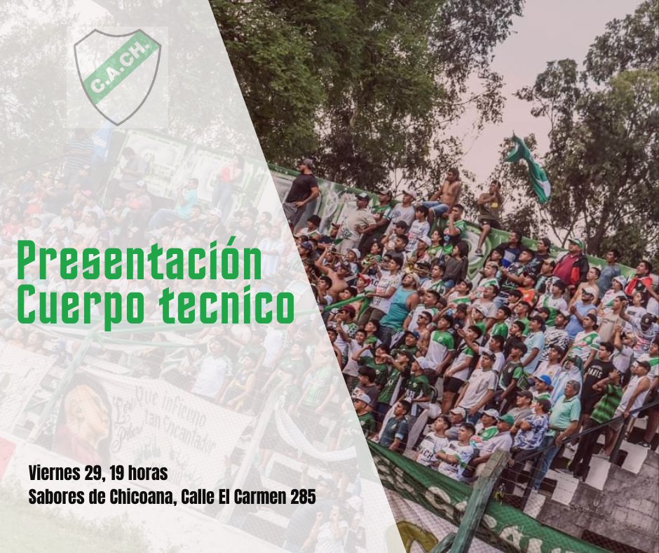 AtlChicoana's tweet photo. El Club Atlético Chicoana invita a socios, simpatizantes, medios de prensa, colaboradores, sponsors, a la presentación de nuestro cuerpo técnico de cara al Torneo Regional 2023.
La cita será el viernes 29 a las 19 horas en Sabores de Chicoana, situado en calle El Carmen 285 https://t.co/d0RdXgCIbQ