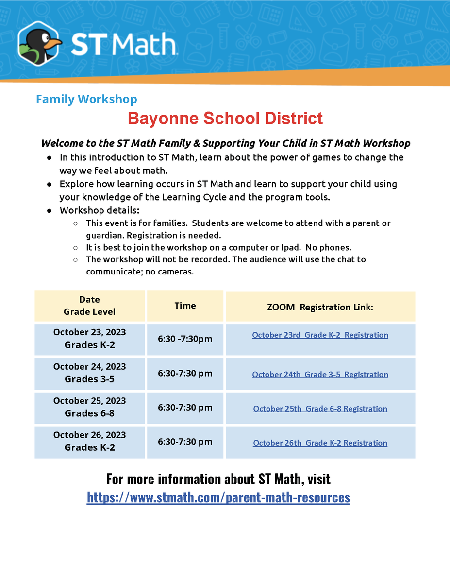BayonneBOE's tweet photo. Bayonne Grade K-8 Parents &amp; Guardians! Join us for an ST Math Family workshop to better understand the @STMath platform &amp; how to better support your child's learning!

Registration is required.  Find the links to register in your email!  Hope to see you there!
@BPSMathDept https://t.co/JCRU9e3nie