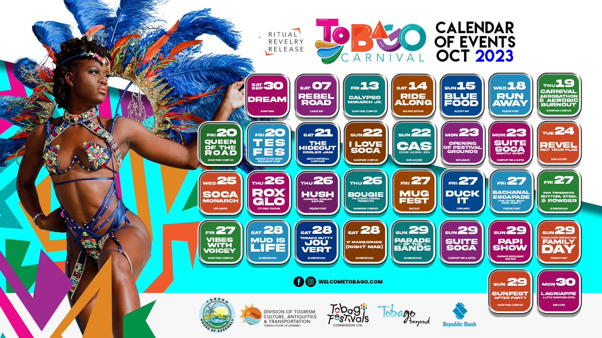 welcometobago's tweet photo. 🎉 We're excited to reveal the updated calendar of events for Tobago Carnival 2023 🗓️  

From musical to cultural and culinary showcases, there's something for everyone. Save the dates and let the countdown begin!  

#BagoMas #PartyIsland #TobagoComesAlive https://t.co/UpzOvnIeSs