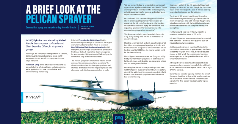 FarmsNews's tweet photo. .@flypyka's Pelican Sprayer is a modern-day force in the air!

The largest ever uncrewed aerial system can carry up to 540lbs of liquid &amp; spray up to 240 acres per hour..

Learn how Pyka is taking #spraying to new heights in the NEW #PrecisionAg Digital Digest ⬇️

#USAg #UAS