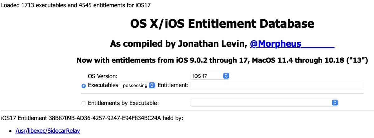 Morpheus______'s tweet image. #iOS #entitlements database updated for #iOS17. With even more executables and, yep, many more entitlements.
NewOSXBook.com/ent.jl