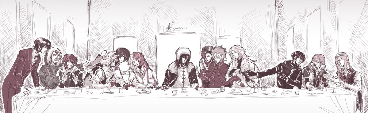 the last supper

 (hoping twitter wont ruin the quality. incase it does, please just zoom in lmao 😭)

#bsdtwt #bungosd #bsdfanart #fyodordostoevsky #fyodorbsd #bsd #decayofangels #doa #fyodor #dazaiosamu #sigmabsd #nikolaigogol