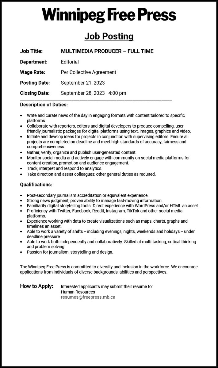 WinnipegNews's tweet photo. The Winnipeg Free Press is hiring a multimedia producer. Apply now to join our newsroom. https://t.co/ubOqbzo7hz