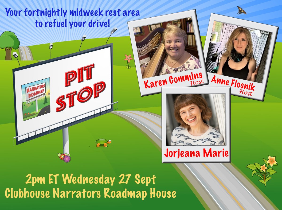 ** Starts in 15 minutes! ** 👀

Join my fab co-host <a href="/AnneFlosnik/">Anne Flosnik-Audiobook Narrator 🇬🇧 🇮🇪 🇺🇸</a> and me for a fun and inspiring chat with #audiobook #narrator, author, and TV actress and script writer <a href="/jorjeanamarie/">📚 Jorjeana Marie 📚</a> today on Pit Stop! 

Narrators Roadmap Pit Stop 
TODAY 2pm ET
⛽️bit.ly/NRPSJorjeanaMa…