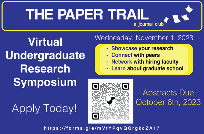 Calling all undergraduate researchers! <a href="/thepapertrailjc/">The Paper Trail</a>  is hosting an undergraduate research symposium. Apply now to present your research, network with hiring biomedical engineering faculty, and learn about grad school! Abstracts are due Oct 6: docs.google.com/forms/d/e/1FAI…