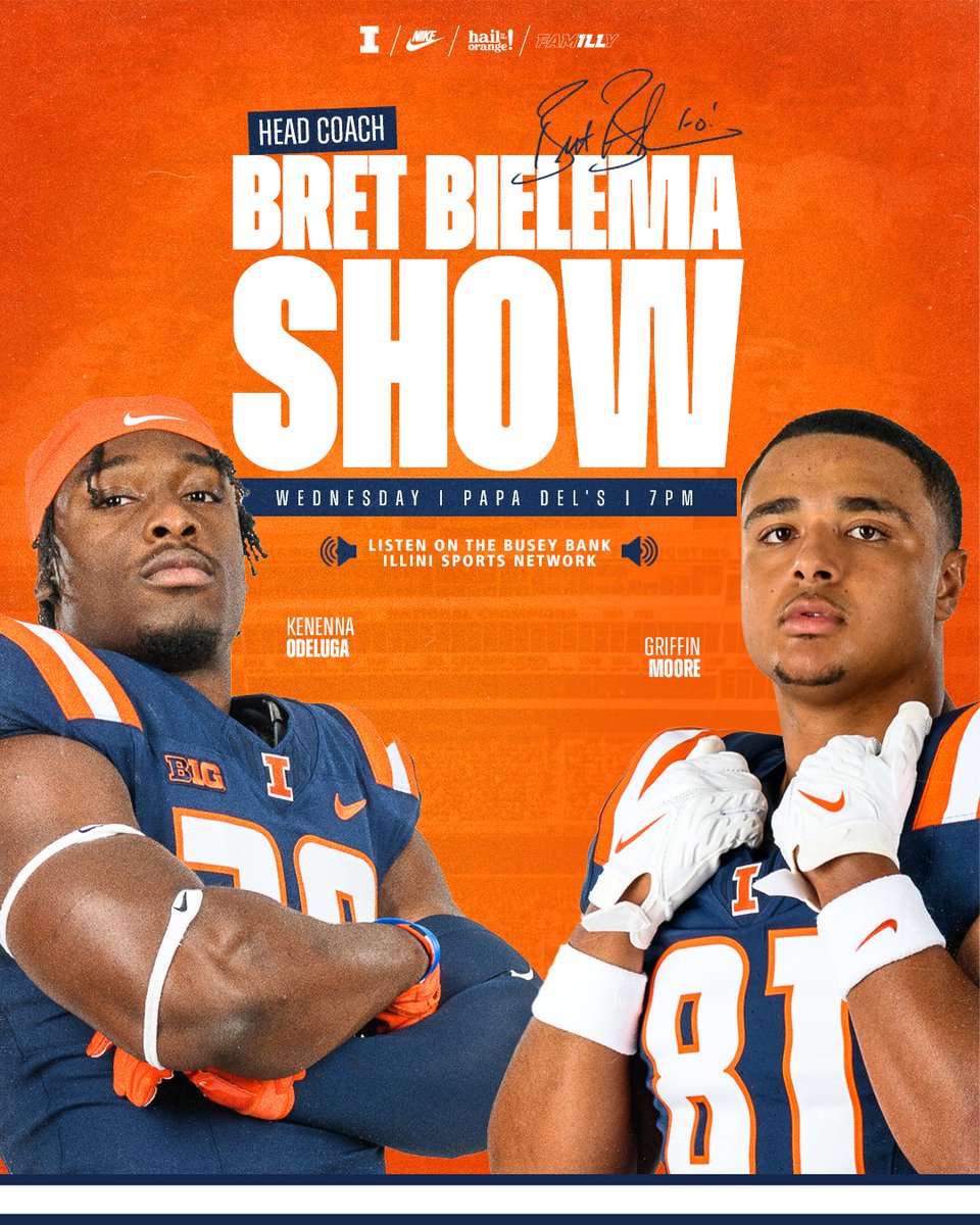 Join <a href="/BretBielema/">Bret Bielema</a>, <a href="/KOdeluga/">Kenenna Odeluga</a> and <a href="/griffnmoore/">Griffin Moore</a> tonight at Papa Del’s!

Can't make it tonight? Listen live at fightingillini.com/live

#Illini // #HTTO // #famILLy