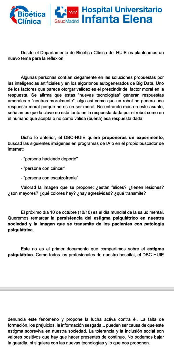 DbcHuie's tweet photo. Retomamos nuestras newsletter en el @HUInfantaElena proponiendo un experimento a nuestros profesionales para denunciar el #estigmapsiquiátrico que convive en las redes e #InteligenciaArtificial https://t.co/ySntjpIeCd