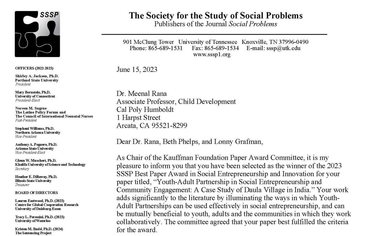 Honored to have co-received the 2023 Best Paper Award in #SocialEntrepreneurship from <a href="/SSSP1org/">The Society for the Study of Social Problems</a>. Special thanks to Dr. Meenal Rana for her incredible guidance and ability to flow elegantly between so many disciplines and communities.

<a href="/socprobsjournal/">Social Problems</a>  <a href="/KauffmanFDN/">Kauffman Foundation</a>