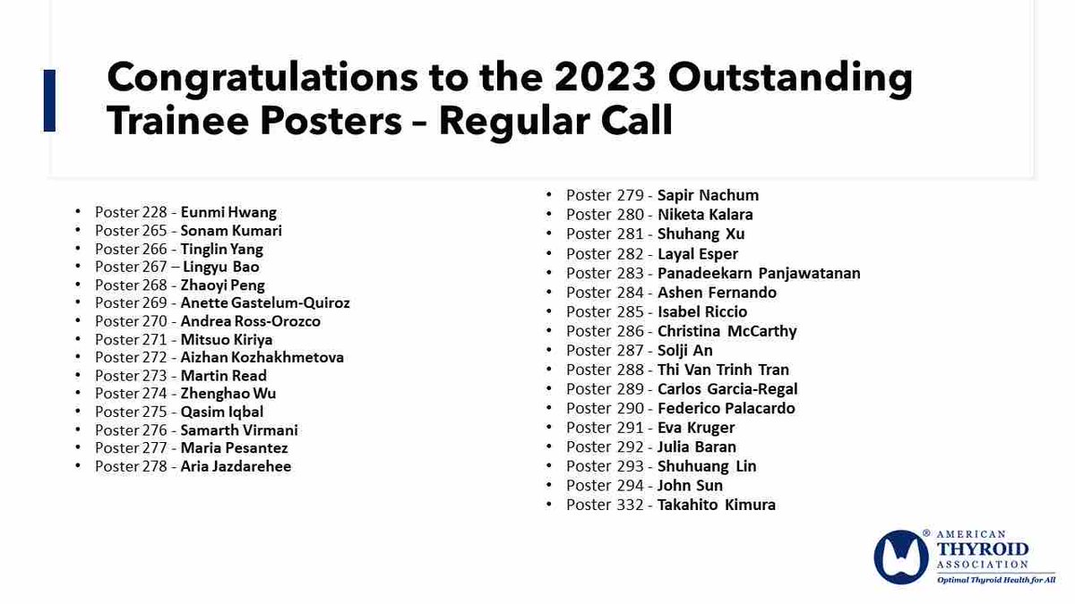 AmThyroidAssn's tweet photo. Congratulations to the 2023 ATA Outstanding Trainee Poster Presenters.

Be sure to visit their posters and all other trainee and early career posters during #ATA2023

 @david_sharlin
 @davidtorot
 @physicianeer
 @EGrubbsMD https://t.co/B8ZEXuFlz1