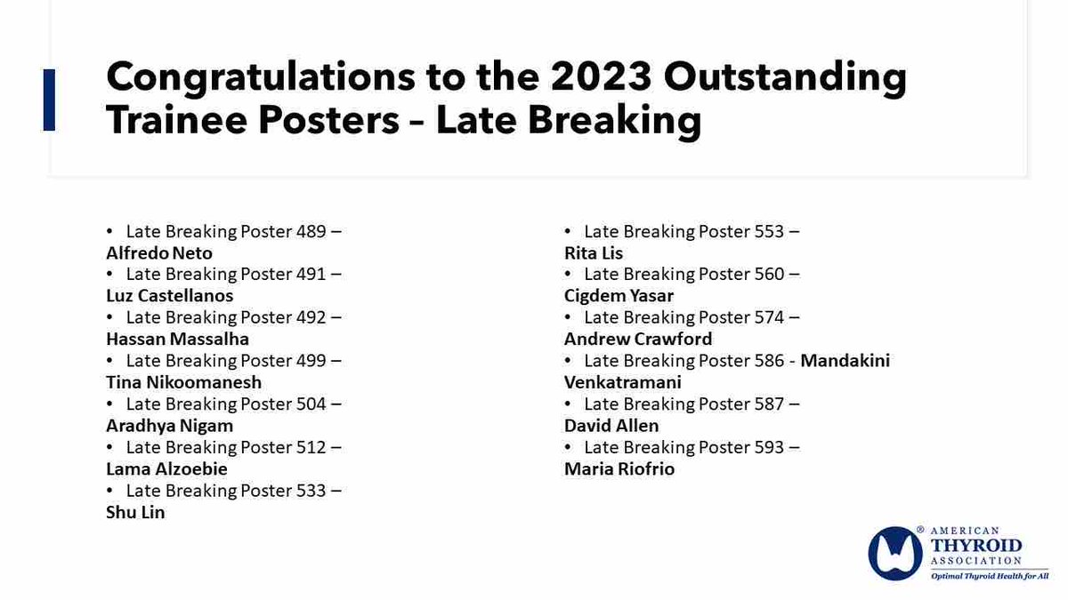 Congratulations to the 2023 ATA Outstanding Trainee Poster Presenters. Be sure to visit their posters and all other trainee and early career posters during #ATA2023 @david_sharlin @davidtorot @physicianeer @EGrubbsMD
