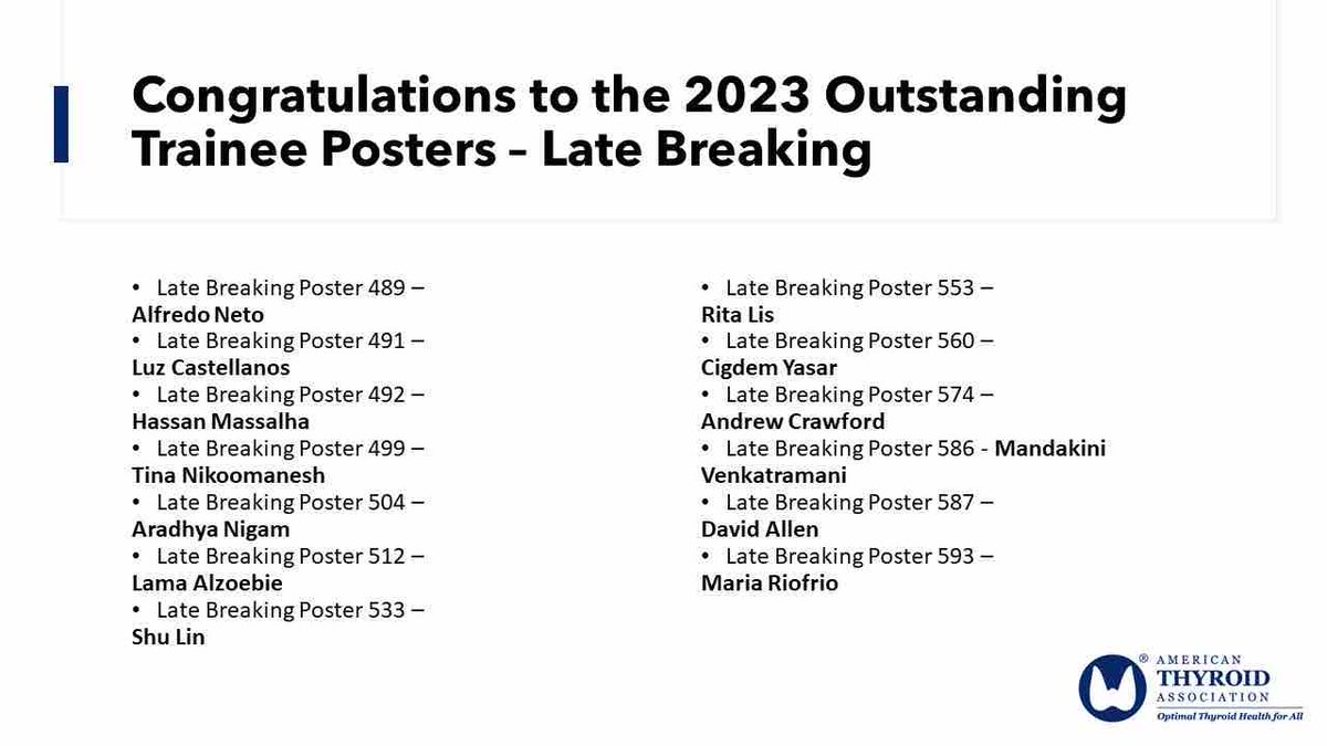 American Thyroid Association (@amthyroidassn) on Twitter photo Congratulations to the 2023 ATA Outstanding Trainee Poster Presenters.
Be sure to visit their posters and all other trainee and early career posters during #ATA2023
<a href="/david_sharlin/">David Sharlin</a>
@davidtorot
@physicianeer
<a href="/EGrubbsMD/">Elizabeth Grubbs, MD</a> Congratulations to the 2023 ATA Outstanding Trainee Poster Presenters.
Be sure to visit their posters and all other trainee and early career posters during #ATA2023
<a href="/david_sharlin/">David Sharlin</a>
@davidtorot
@physicianeer
<a href="/EGrubbsMD/">Elizabeth Grubbs, MD</a>