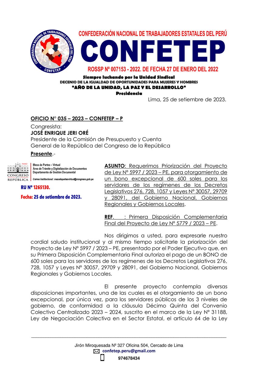 CONFETEP's tweet photo. CONFETEP: Seguimos gestionando en el Congreso la aprobación del bono de 600 soles para 562 mil trabajadores estatales; que será sustentado por el MEF en sesión extraordinaria de la Comisión de Presupuesto el 28 de setiembre de 2023 en la Ciudad de Piura. https://t.co/HZGwYUHhIS https://t.co/oybowYb1Rf