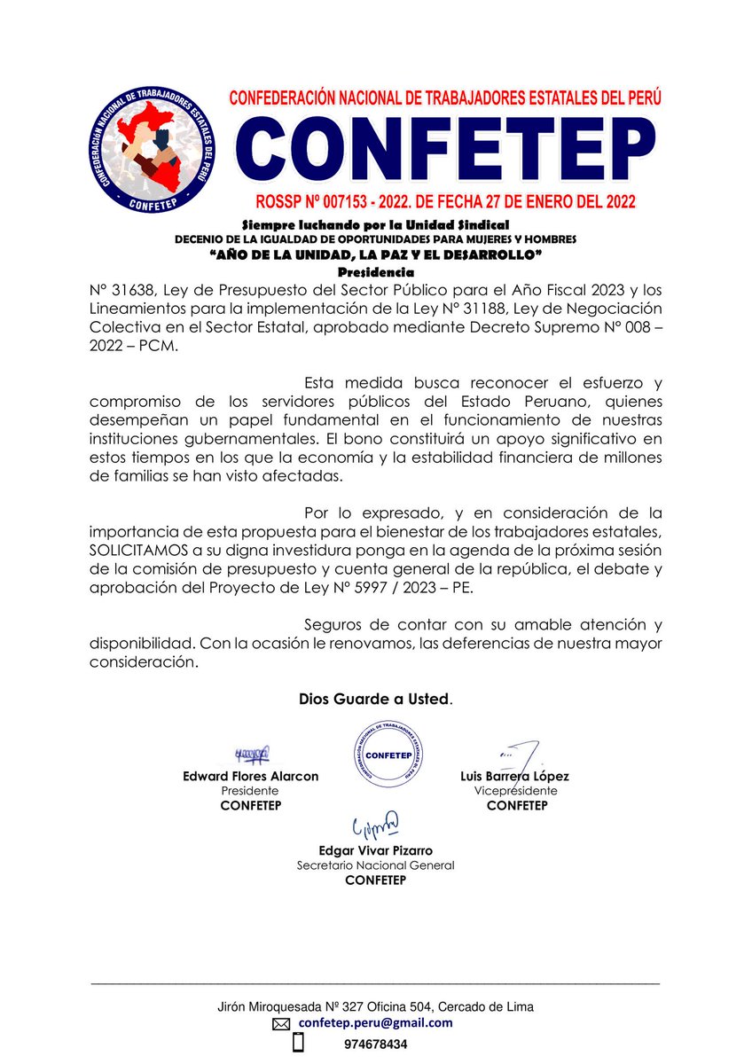CONFETEP's tweet photo. CONFETEP: Seguimos gestionando en el Congreso la aprobación del bono de 600 soles para 562 mil trabajadores estatales; que será sustentado por el MEF en sesión extraordinaria de la Comisión de Presupuesto el 28 de setiembre de 2023 en la Ciudad de Piura. https://t.co/HZGwYUHhIS https://t.co/oybowYb1Rf