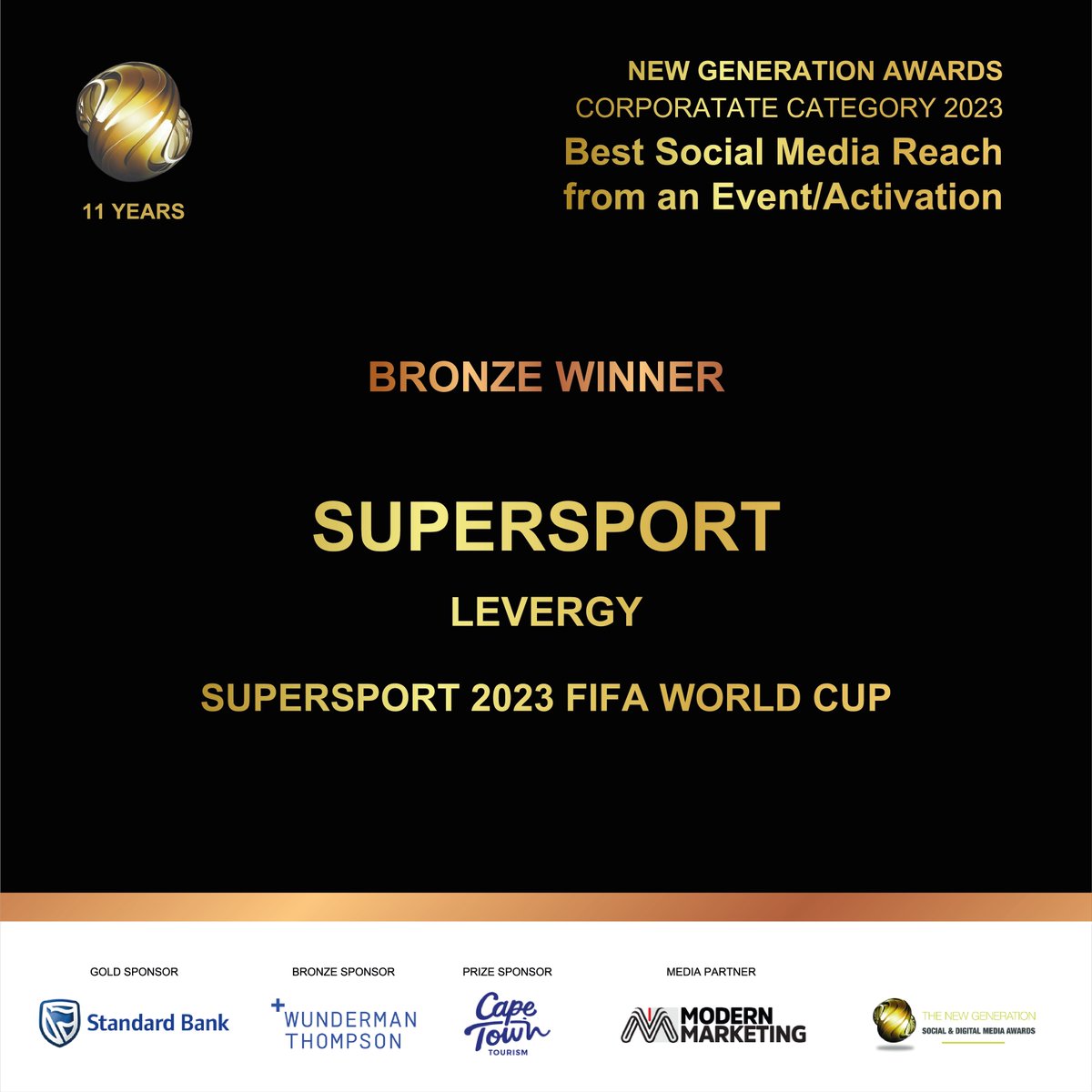 Category: Best Social Media Reach from an Event/Activation Winner: @SuperSportTV @levergy_sa Award: Bronze Congrats Team! #newgenawards