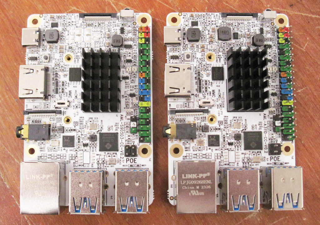 Got 2 nice fresh new boards from <a href="/librecomputer/">Libre Computer</a> this year at #kr2023. One is S905D3 (4xA55) and the other A311D (4xA73+2xA53) with 4GB and SPI NOR. Oops, forgot to note which one is which, I guess the left one with one less inductor is the former, having a single cluster. Thanks!