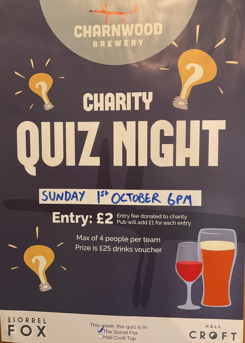The Sorrel Fox charity quiz night is this weekend, Sunday 1st October 🍺🦊
