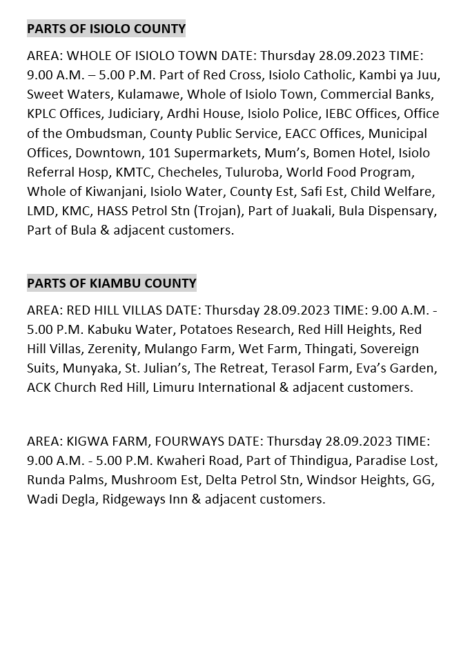 Good Evening. The listed areas will be affected by planned power interruptions tomorrow (28th September, 2023). The interruption is part of network maintenance. For the advance notice, use bit.ly/31u4jY4. To access the latest schedule, check under the most recent date.