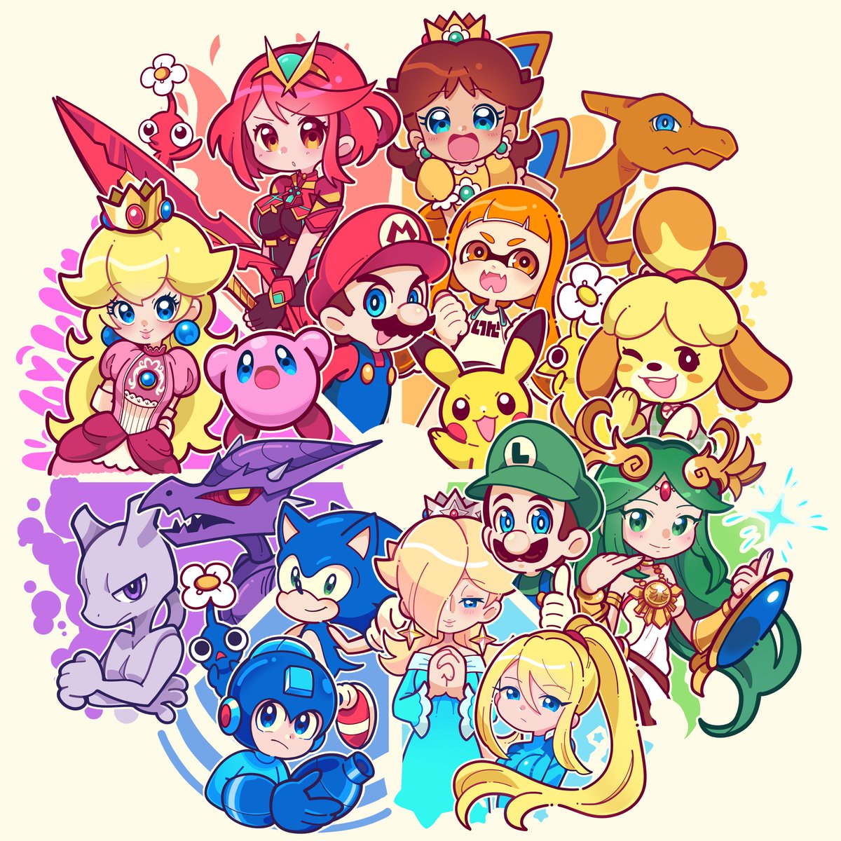 marikyuunVT's tweet photo. And, with that, pink is here!! The color wheel is officially  DONE!!!!! 🩷💜💙💚💛🧡❤️

Thank you for all your suggestions and for watching me draw these live on stream! #Nintendo #SSBU https://t.co/zyAsDE1X7u