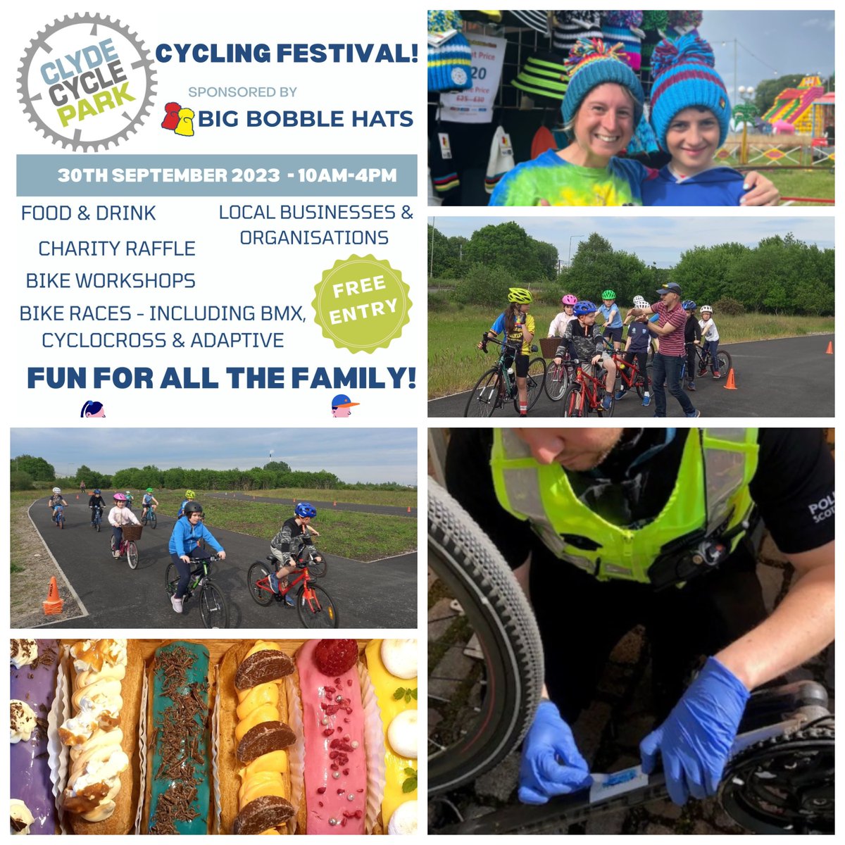 CambuslangCC's tweet photo. A great Cycling Festival is happening at Clyde Cycle Park this Saturday, sponsored by @bigbobblehats. Loads of fun activities - a demo by Bike Trials Champion Sarah Tait, races, lessons, workshops, bike marking by @PoliceScotland, food from the yummy @EclairsEclectic &amp; lots more! https://t.co/YWtScEpLXZ