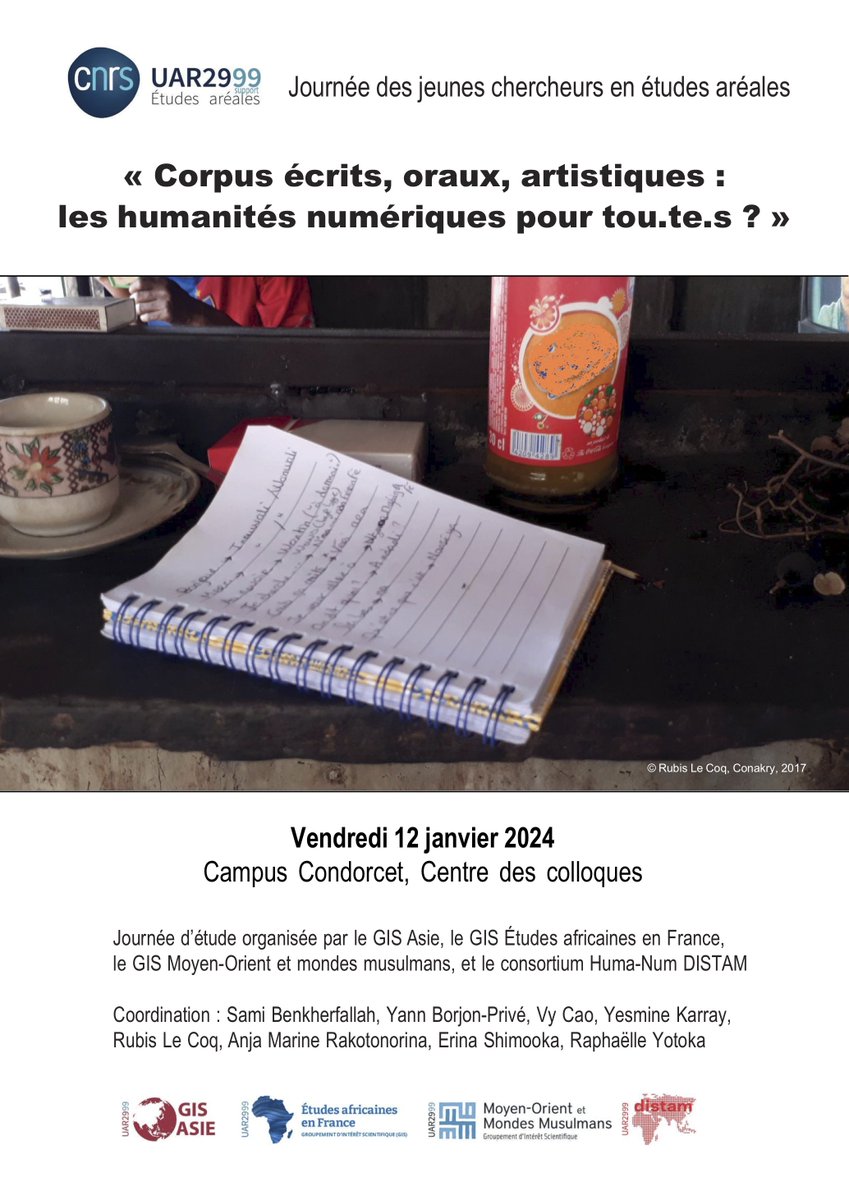 [Appel à communications] Les jeunes chercheur⋅es des <a href="/GisReseauAsie/">GIS Asie</a>, <a href="/GisAfrique/">GIS Études africaines</a> et <a href="/GisMoyenOrient/">GIS Moyen-Orient et mondes musulmans - GISMOMM</a>, avec le consortium Huma-Num DISTAM, organisent une JE le 12.01.2024 autour des humanités numériques.

⌛️ 13.10.2023
👉 jc.etudesareales@gmail.com
🔗 jca.hypotheses.org/2194