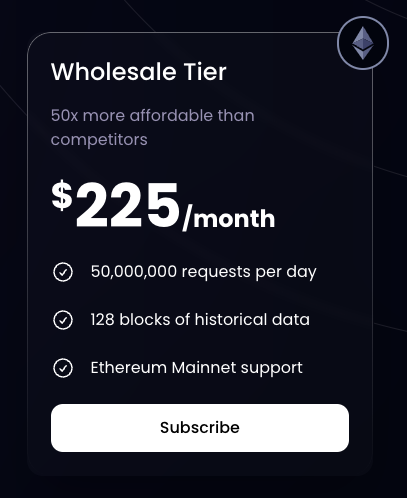 We just launched one of the industries most affordable Ethereum Mainnet API products

Do you make a lot of RPC calls?

Pay a fraction of the price when you switch to Ansybl