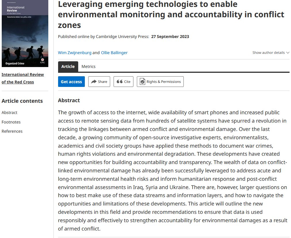 Very proud of our first peer-reviewed paper for the @ICRC in which @oballinger and myself explore current and future use of OSINT, #remotesensing and artificial intelligence to identify and monitor environmental impacts of war and build accountability cambridge.org/core/journals/…