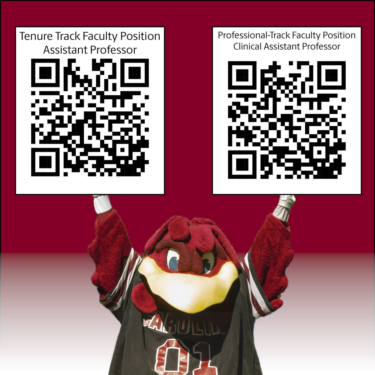 Join our team! <a href="/uofsccosw/">USC College of Social Work</a> invites applications for two positions: a tenure-track faculty member at the rank of assistant professor and a nine-month full-time professional track faculty position at the rank of clinical assistant professor. To apply, see the qr codes below. <a href="/UofSC/">University of South Carolina</a>