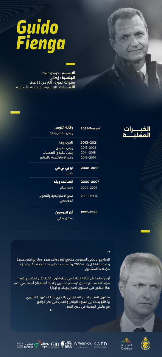 AlNassrFC's tweet photo. مجلس إدارة نادي #النصر يُصـدر قرارًا بتعيين السيد جويدو فينجا رئيسًا تنفيذيًا للنادي ✍️

تعـرّف على السيـرة الذاتية للرئيس التنفيذي الجديد 💛 https://t.co/8Y23LDlF8N