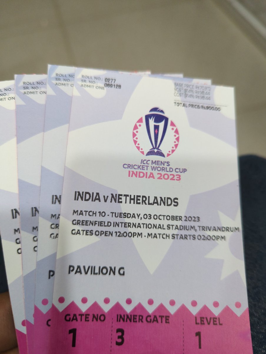 ashegrins's tweet photo. 4 tickets available for India vs Netherlands warm up game in Trivandrum on October 3. Rs. 900 each. 2 in Pavilion G and 2 in Pavilion J stand. DM me if you're interested. https://t.co/neCEm5MHvz