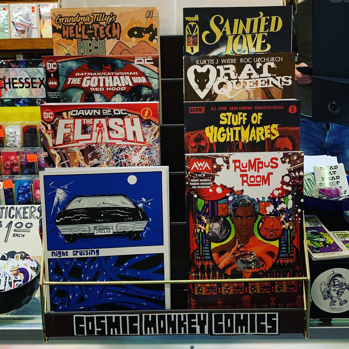 cosmicmonkey's tweet photo. Our featured rack has some cool titles! We will have a revised version once our Marvel, IDW, and Dark Horse arrive later today. #nightcruising #rumpusroom #theflash #stuffifnightmares #batmancatwomanthegothamwarredhood #ratqueens #grandmatillyshelltechmech #saintedlove #ncbd https://t.co/lHvDWuxHpx