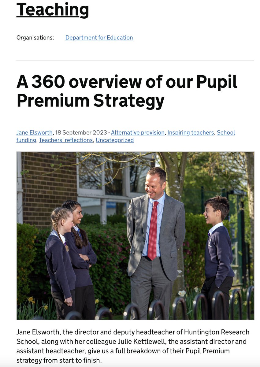 A helpful blog on developing and undertaking a school pupil premium strategy from <a href="/JElsworth1/">Jane Elsworth</a> &amp; <a href="/juliewatsonpsy/">Julie Dubois Kettlewell</a> at <a href="/HuntingtonYork/">Huntington School</a>.

'A 360 overview of our Pupil Premium Strategy'
 teaching.blog.gov.uk/2023/09/18/a-3…