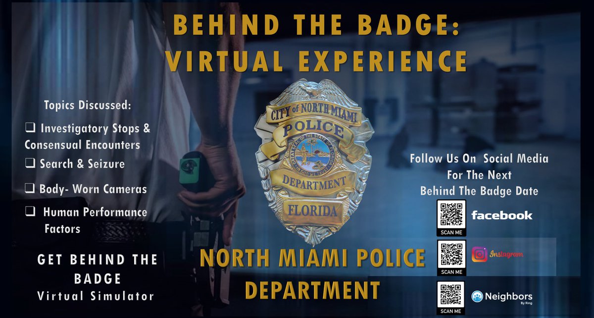 NorthMiamiPD's tweet photo. ‼️ 3 SEATS LEFT - BEHIND THE BADGE‼️
Tomorrow - Thursday, September 28, 2023, 5:00pm-7:30pm. Take advantage of this free interactive class. GRAB YOUR SEAT! https://t.co/1y3dM0PM59
If you were behind the badge, what would you do? https://t.co/0MON6vTcGE
#NMPD #NorthMiamiPD https://t.co/9ccgh19YII