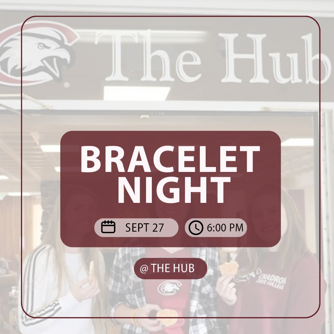 chadronstate's tweet image. Come down and join us in the Hub to make bracelets with a friend tonight! 🦅🖤 #WeAreCSC #chadronstateeagles