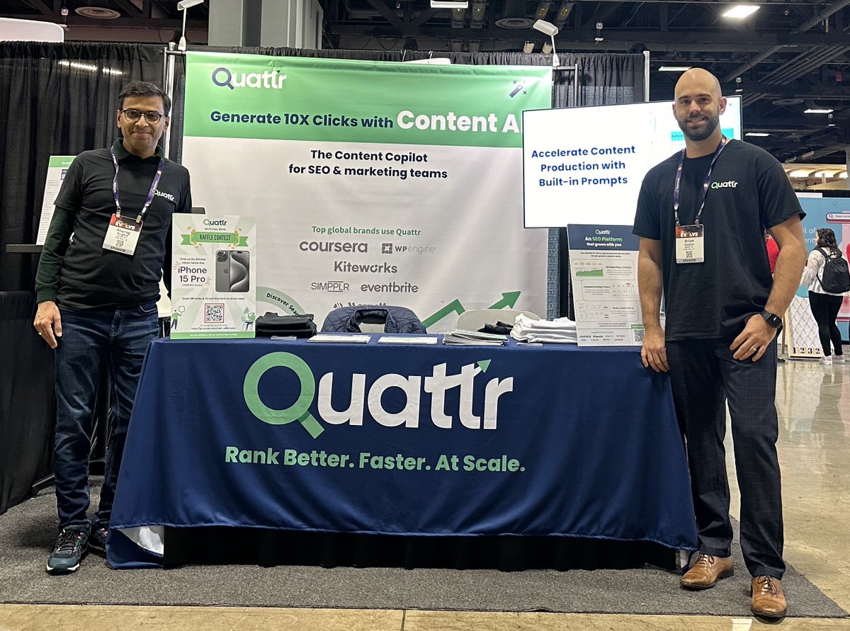 quattr_inc's tweet photo. These friendly faces are sharing the 10X recipe with those at #CMWorld 🏹🎯

📢 You could find out today &amp; tomorrow only at booth #1816
Live demos happening all day round at #ContentMarketingWorld ✍️

 #QuattrEvents #QuattrCMW @CMIContent https://t.co/rzN0Bj6XzO