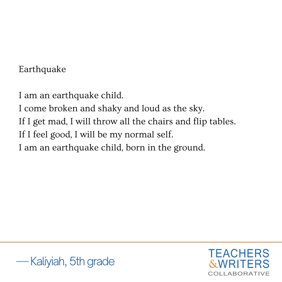 twc_org's tweet image. &quot;I come broken and shaky and loud as the sky.&quot;
— from fifth-grader Kaliyiah&apos;s &quot;Earthquake&quot;.
#studentwriting #studentart #creativewriting #youngwriter