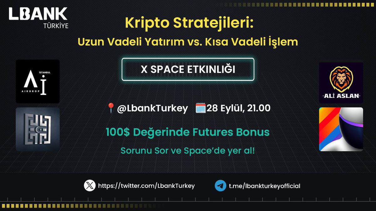 🤩 Yarın akşam saat 21.00'de iş ortaklarımız ile X Space etkinliğinde buluşuyoruz.

🔥 Kripto stratejileri: Uzun vadeli yatırım ve Kısa vadeli işlemlere dair ödüllü söyleşiyi kaçırmayın.

🎁 100$ Futures Bonus
⏰ Saat: 21.00
📍x.com/i/spaces/1YpJk…

Ödül havuzu için⤵️
✅ Takip