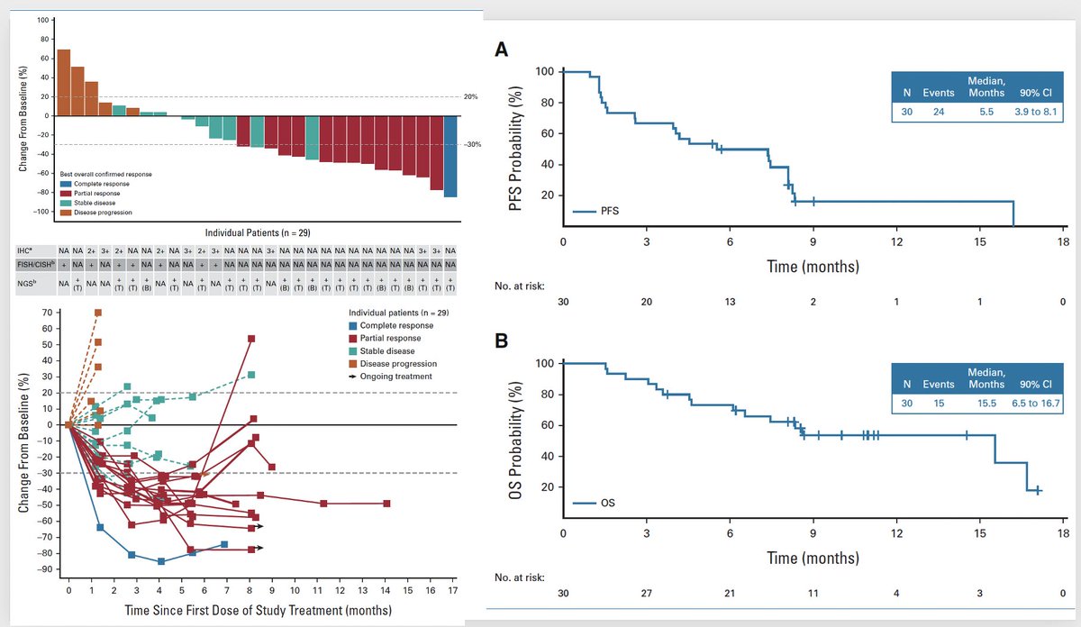 Tucatinib & Trastuzumab for HER2 2+ Metastatic Biliary Tract Cancer
@JCO_ASCO 
doi.org/10.1200/JCO.23…
👉ORR 46.7%, mPFS 5.5 mo, mOS 15.5mo
👉very intersting data, more & more options for Her2+ BTC ->best strategy? 💊sequencing? Resistance mechanism?
@myESMO @EASLedu @ILCAnews…
