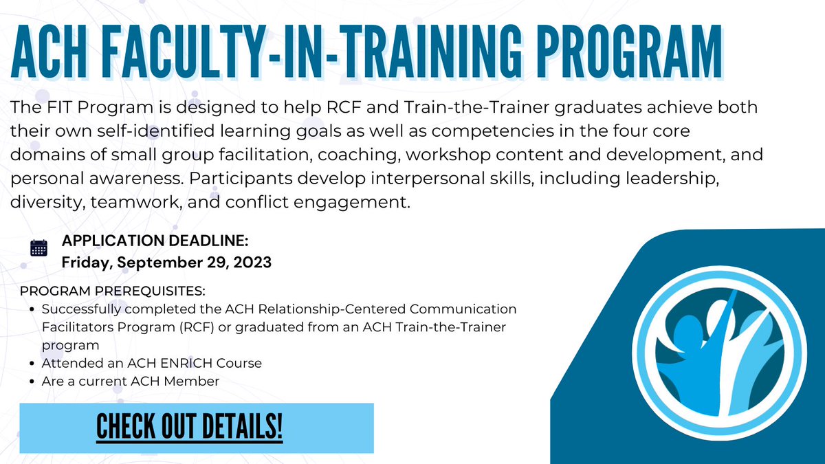ACHonline's tweet image. Last Chance to #apply for the next FIT Program Cohort! We hope you apply to join us for this unique learning opportunity. Upon completion, you are considered an ACH Faculty Member. #mentoring #learningopportunity #communication #professionaldevelopment achonline.org/Programs/Facul…