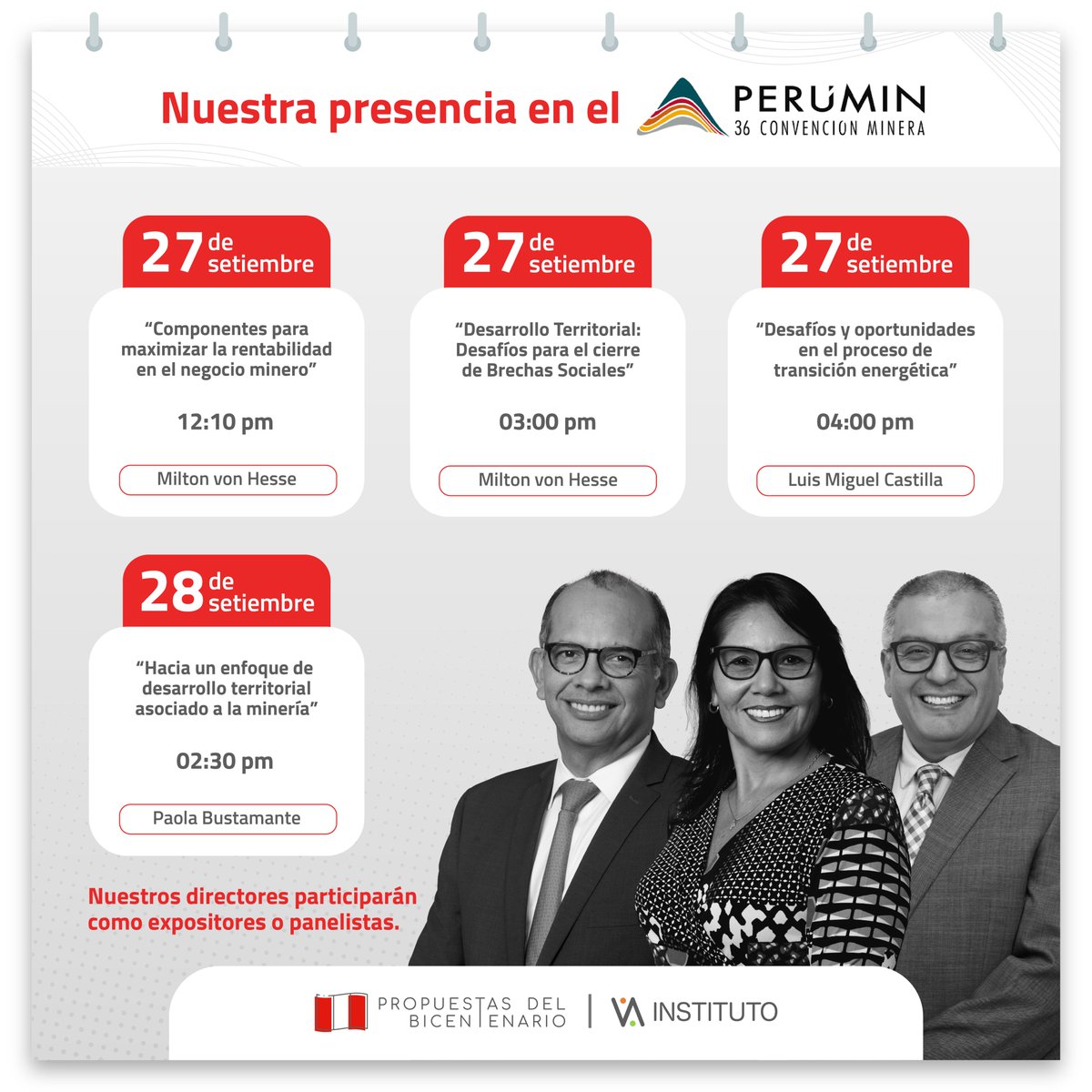 pdbperu's tweet image. #PERUMIN36 🌋🇵🇪 | Nuestros directores en Videnza, #PaolaBustamante (@BustamantePao18 ), Milton von Hesse (@mvonhesse ) y #LuisMiguelCastilla estarán presentes en @PeruminOficial , organizado por el @IIMPOficial .