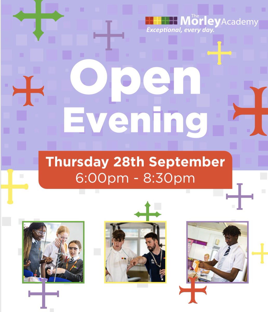 themorleyacad's tweet photo. We can’t wait to open our doors to prospective families tomorrow evening. Our Principal, Adam Ryder, will be delivering his speech at 6.15pm and then again at 7.15pm. Come and see what The Morley Academy has to offer for your child - we look forward to meeting everyone. https://t.co/5lbCM7IykT