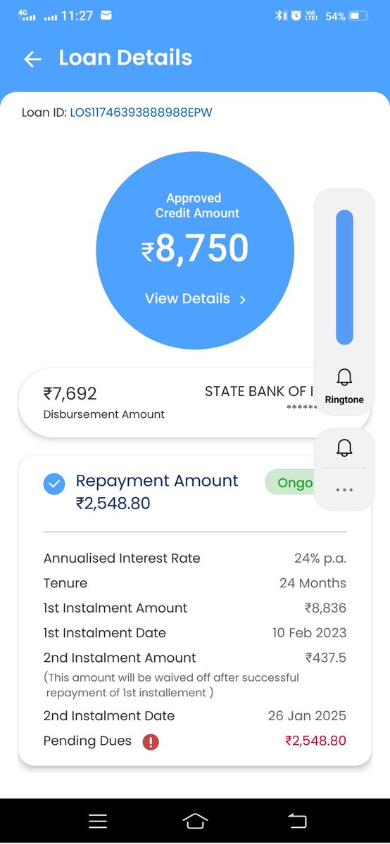 bss25044's tweet image. #kissht loan app cheating loan for 7days approve amt. 8750, Disburse amt. 7692. Repayment amt. 8836 in just 7 days. Or 2nd instalment shows. Amt.436, OD Amt. 2548.80(2 day late payment). @RBI @Kissht_EMI, if one day late, than it send collection agent home visit, their rough lng.