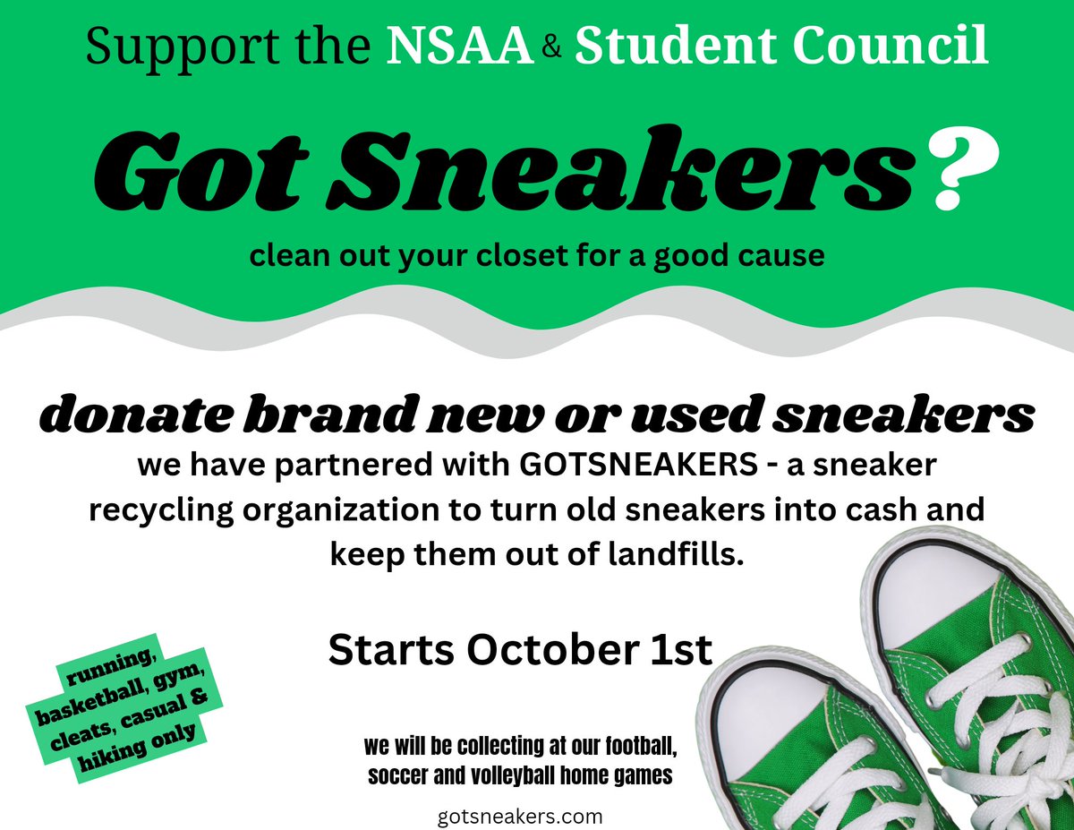 Bring in any old sneakers you want to get rid of and drop them off in our collection box outside the main office. Let's recycle sneakers for a good cause.