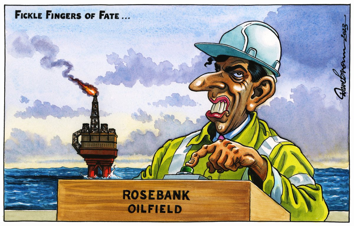 Dave Brown on #RishiSunak #Sunak #Rosebank #NetZero #ClimateCrisis #FossilFuels #NorthSeaOil #Sunackered - political cartoon gallery in London original-political-cartoon.com